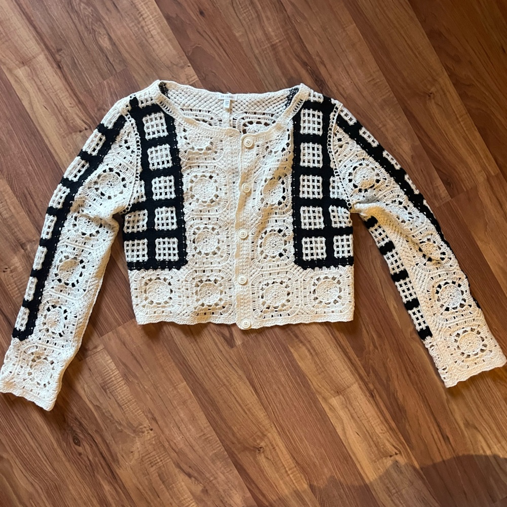 En Creme Black and Cream Crochet Cardigan